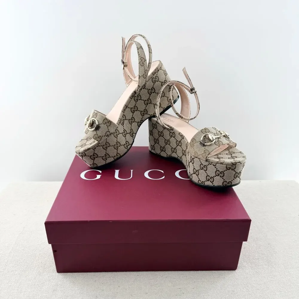 Gucci Monogram Nappa Chalotte Horsebit Ankle Strap Platform Sandals Beige 37.5